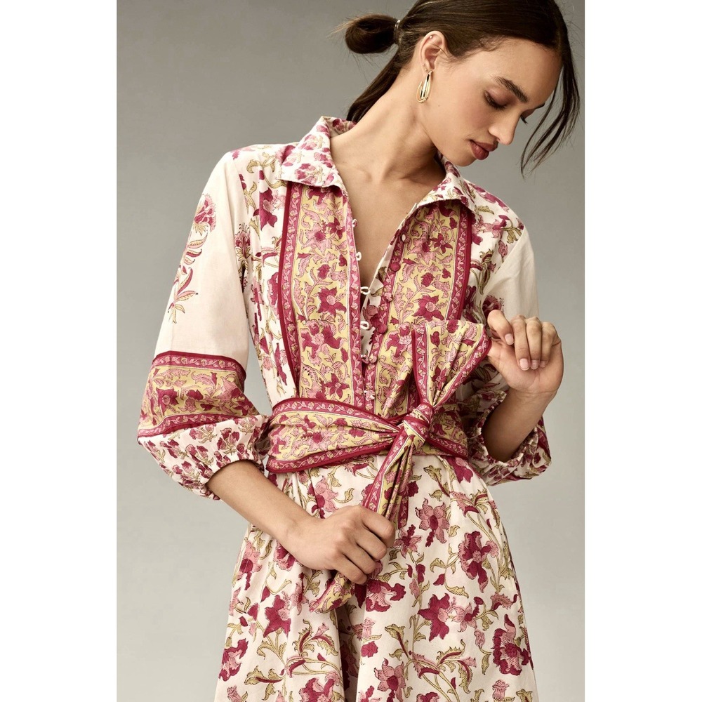 SUE SARTOR Anthropologie Long-Sleeve Flounce Dress Pink Peridot Dahlia Floral L - Picture 2 of 16